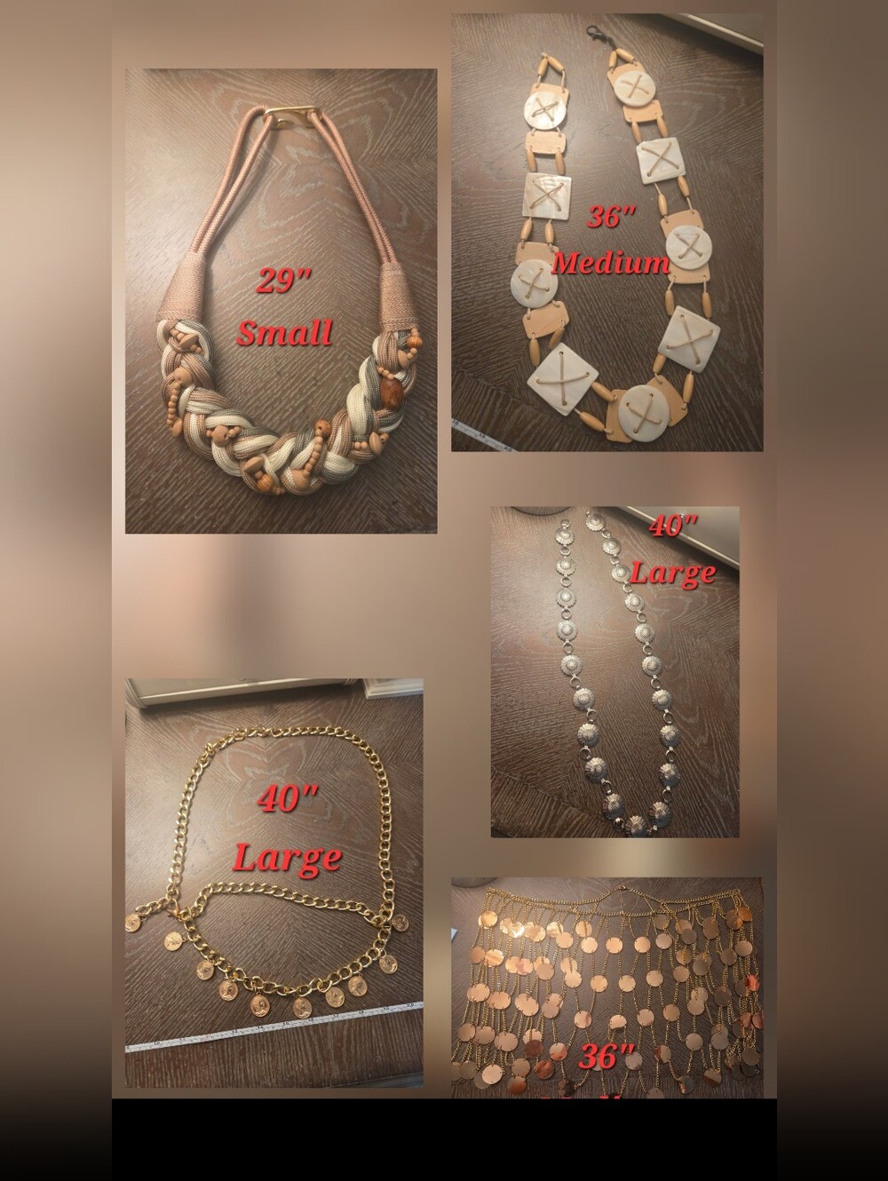Various Belts-(2)Gold,(1)Silver,(1)Cord,(1)Shell/Wood --Total 5